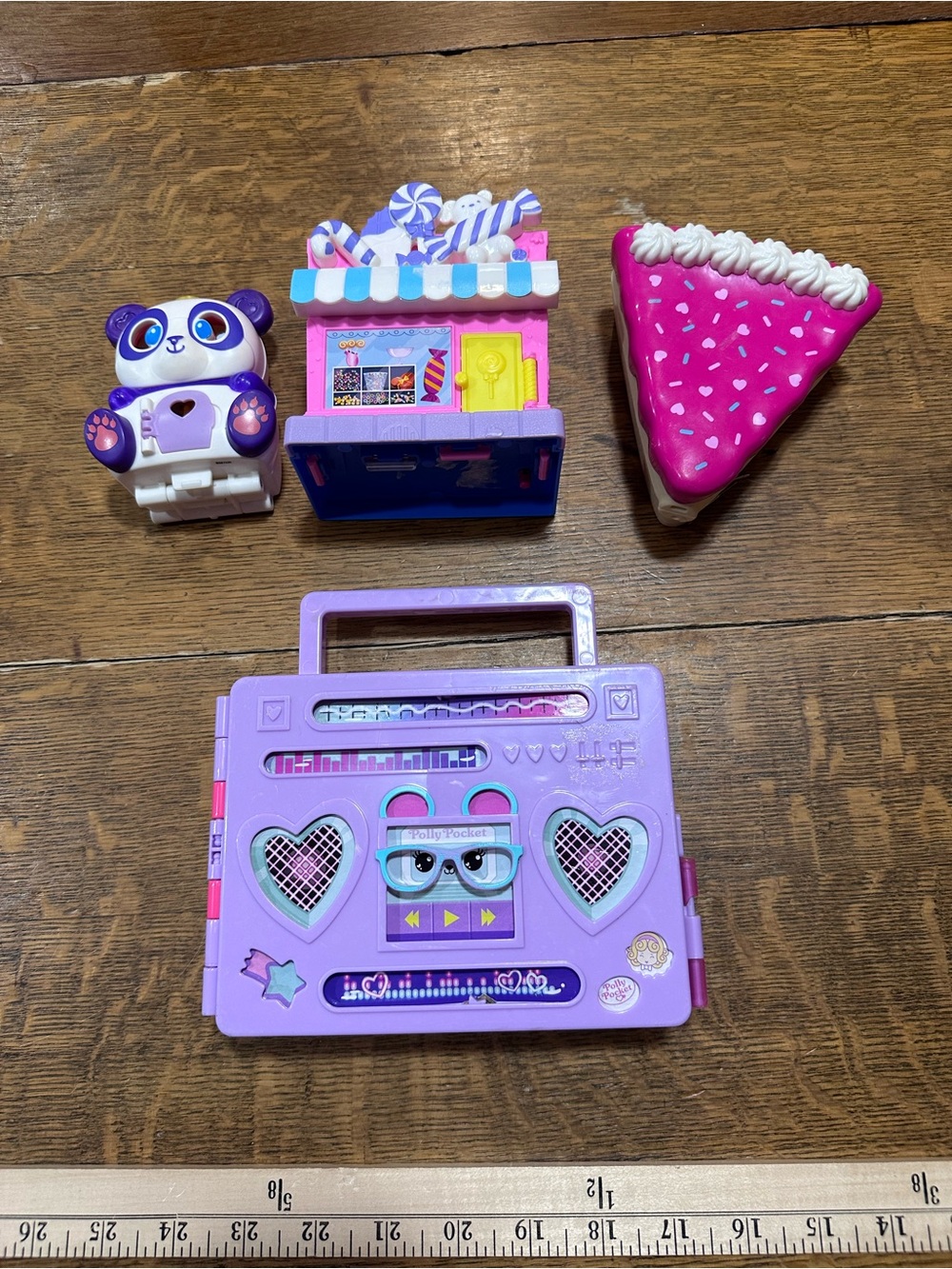 Polly Pocket lot of 4 Purple Kids Boombox Playset with Pink Slice & Panda Figure